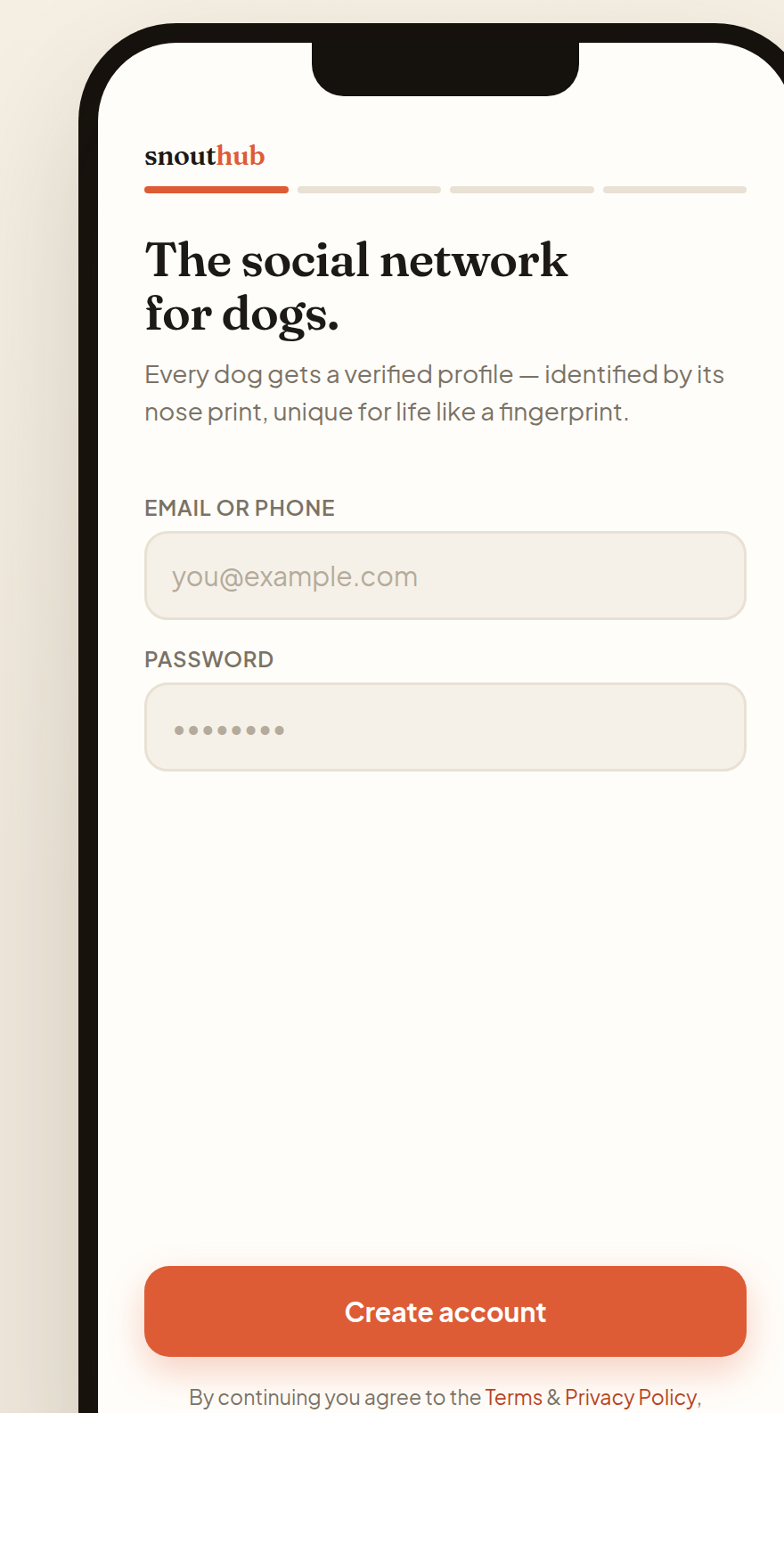 Create account screen